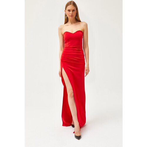 Olalook Women's Red Deep Slit Strapless Long Dress Cene