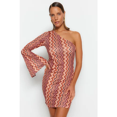Trendyol Geometric Pattern Fitted Mini Knitted One-Shoulder Beach Dress