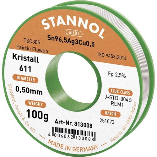 Stannol mehka spajkalna žica Kristall 611 v zlitini Flowtin TSC305 z 2,5-odstotno vsebnostjo pretoka 0,5mm s premerom na 100 g koluta Kristall, (20395529) Slike