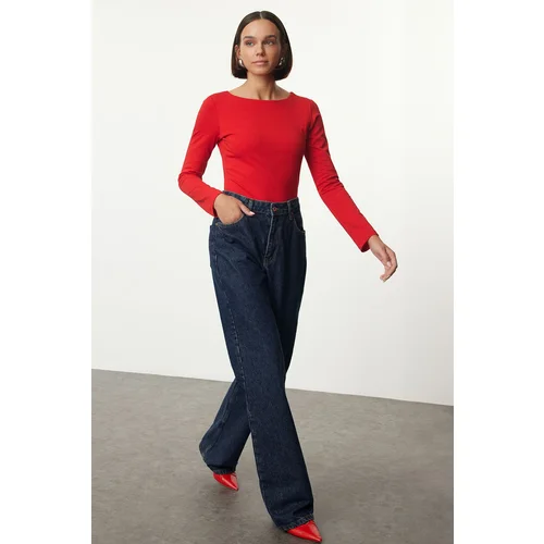 Trendyol Red Cotton Boat Neck Fitted Stretchy Blouse