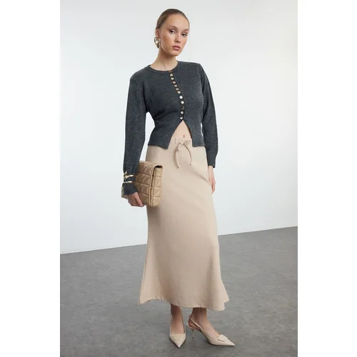 Trendyol Beige Thessaloniki Fabric Fish Form Lace Detailed Maxi Knitted Skirt