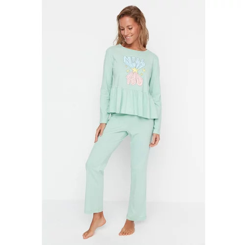 Trendyol Mint Ruffle Detailed Knitted Pajamas Set