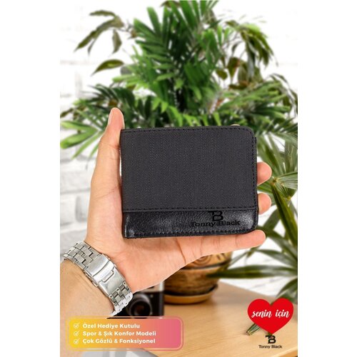 Tonny Black Genuine Men's Black Sporty & Stylish With Box, 10 Card Holder, 3 IDs and 1 banknote compartment, leather and fabric wallet. Cene