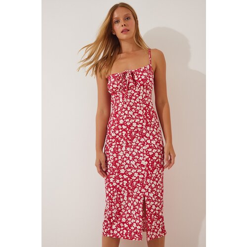  Women&amp;#039;s Dark Pink Floral Slit Knitted Dress Slike