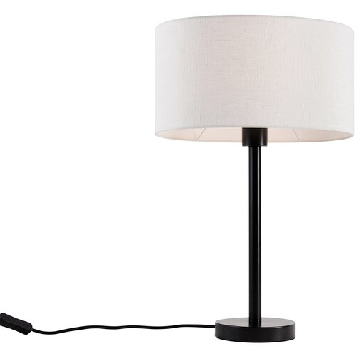 QAZQA Tafellamp zwart met ovale linnen kap wit 35cm - Simplo Slike