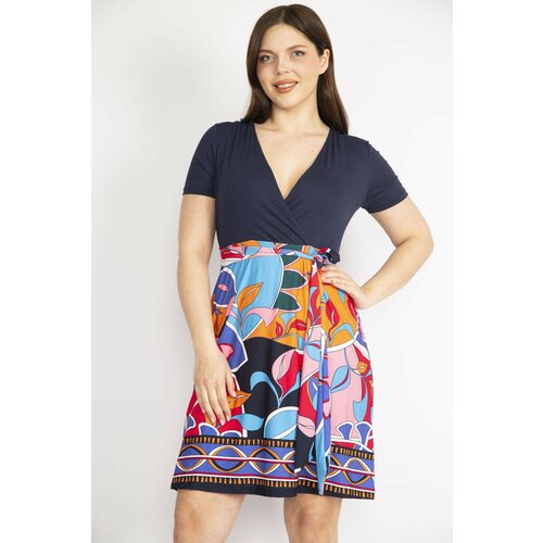 Şans Women's Navy Blue Plus Size Wrap Collar Skirt Patterned Tie Tie Dress Slike