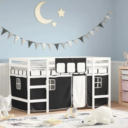 vidaXL Dječji krevet na kat i zavjese crno-bijeli 90x190 cm borovina