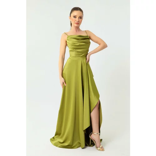 Lafaba Women's Pistachio Evening Dress and Prom Dress with Ruffles and a Slit in Satin