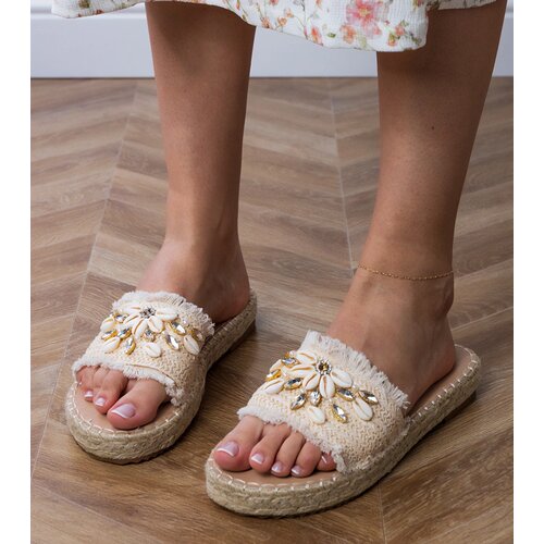 Gemre Beige woven espadrille slides with walrus shells Cene