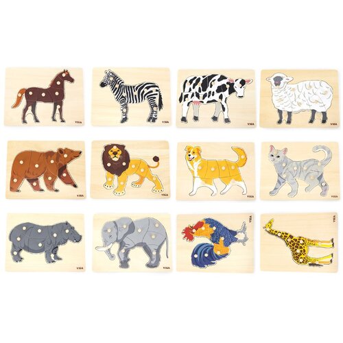 Viga drveni puzzle set od 12 Montessori slagalica sa životinjama + stalak Slike