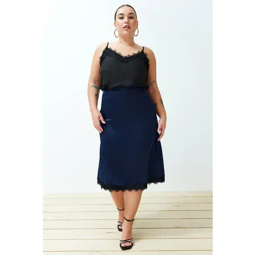 Trendyol Curve Navy Blue Satin Midi Length Lace Woven Skirt