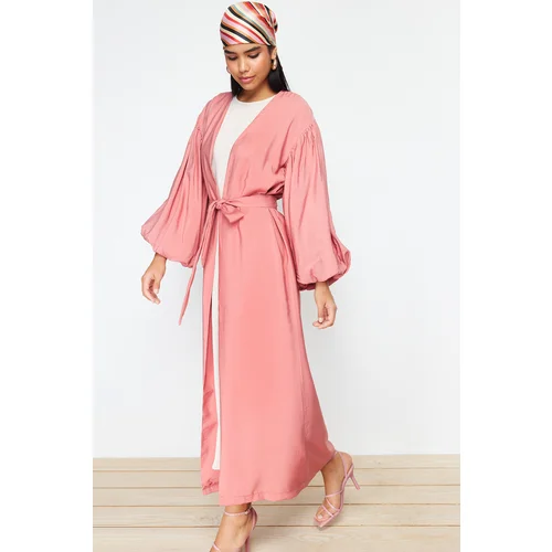 Trendyol Pale Pink Belted Long Woven Cap & Abaya & Abaya