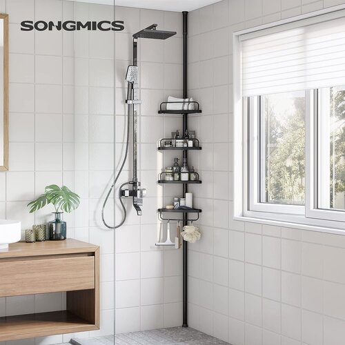 Songmics Nastavljiva kopalni&scaron;ka kotna polica, teleskopski caddy, 85-305 cm, od tal do stropa, s 4 pladnji, 3 kavlji, črna BCB001B01, (21387375) Cene