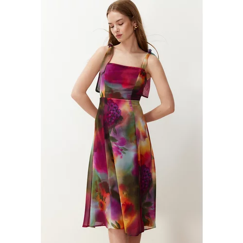 Trendyol Multicolored Floral Slit Back Gipe Detail Chiffon Lined Midi Woven Dress