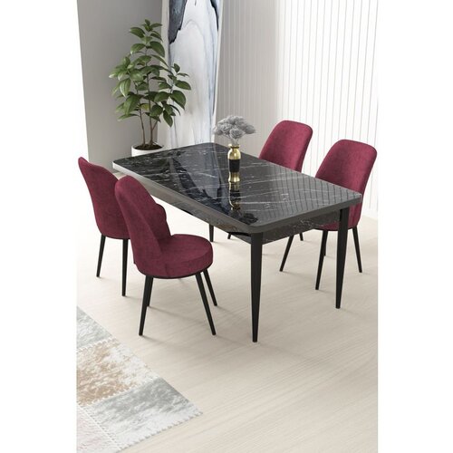 Hanah home Nil - Black Marble, Burgundy Black MarbleBurgundy Dining Table & Chairs Set (5 Pieces) Cene