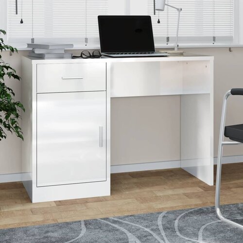 vidaXL Pisalna miza s predalom in omarico sijaj bela 100x40x73 cm les Cene