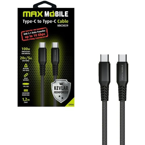 Max Mobile DATA KABEL TYPE C-TYPE C UDC3029 KEVLAR BLACK 3.1Gen.100W 5A 1.2m Cijene
