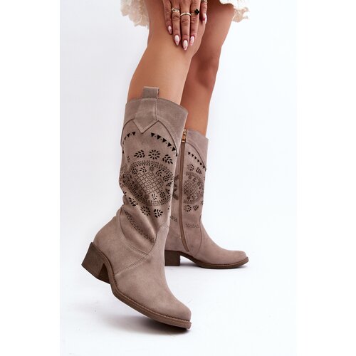 Zazoo 4043 Suede Low Heel Lattice Boots Cappucino Slike