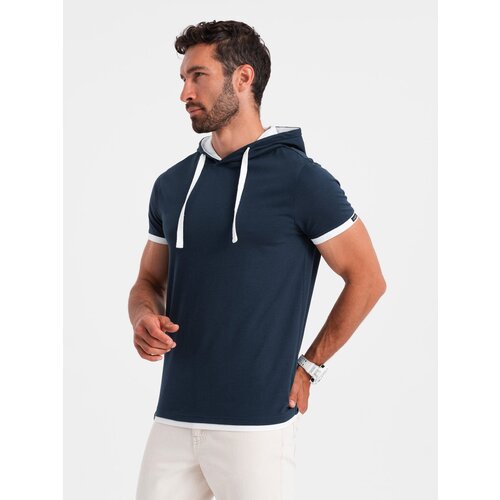Ombre Casual men's cotton t-shirt with hood - navy blue Cene