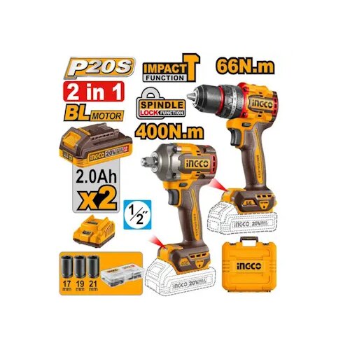 Ingco Set aku alata &ndash; akumulatorska bu&scaron;ilica 66 Nm + odvijač 400 Nm (20 V) &ndash; CKLI20275E Cene