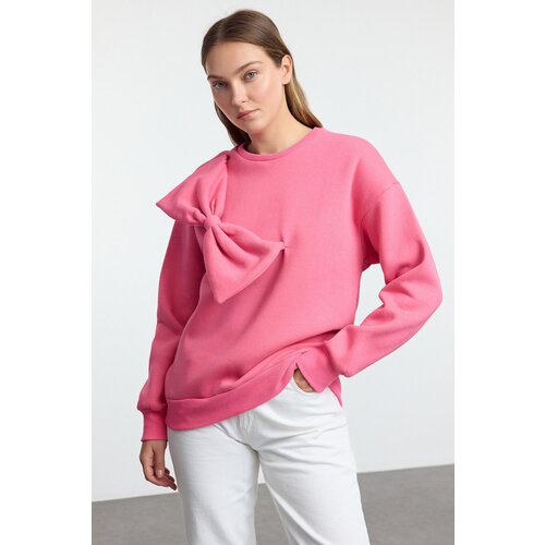 Trendyol Pink Thin Crew Neck Ribbon Detailed Oversize/Comfortable Fit Knitted Sweatshirt Slike