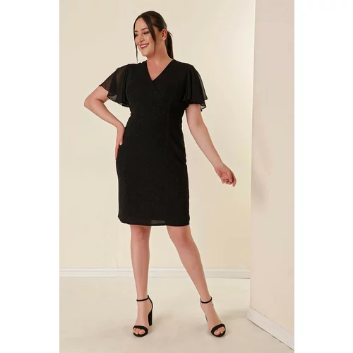 By Saygı Plus Size Silvery Pencil Dress With Double Breasted Collar Sleeves Chiffon Linen Black