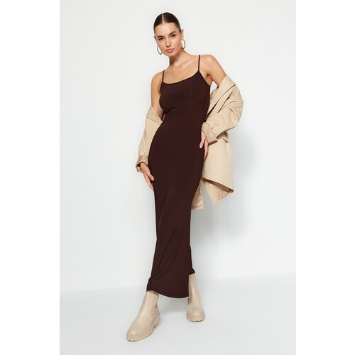 Trendyol Brown Fitted/Sticky Knitted Maxi Dress with Straps Slike