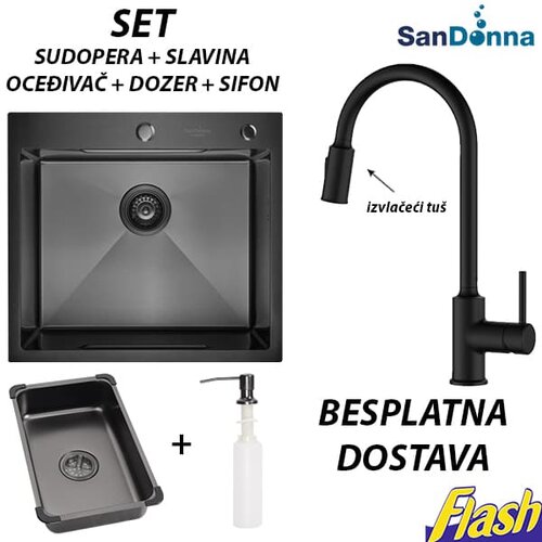  Crna INOX Sudopera sa slavinom izvlačeći tu&scaron; (SET) - SanDonna - HD5550R Cene