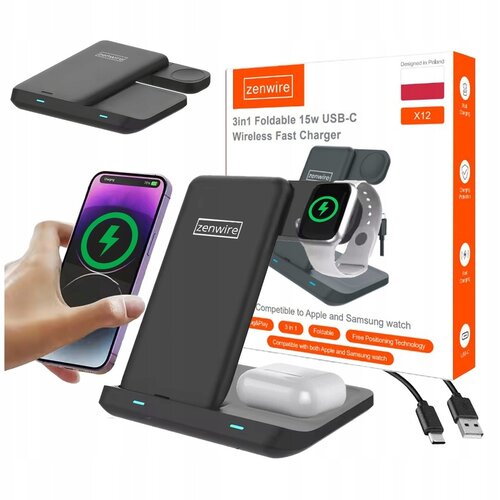 Zenwire X12 3v1 brezžična indukcijska polnilna postaja Qi 15W USB-C zložljiva za telefon, uro (Apple/Samsung) in slu&scaron;alke TWS, (5000195780) Cene