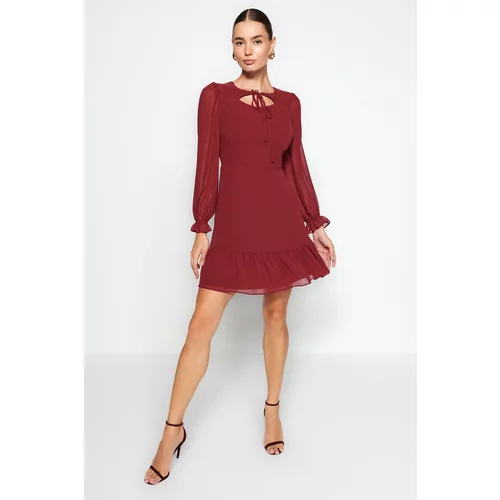 Trendyol Claret Red Collar Detailed, Lined Chiffon Dress