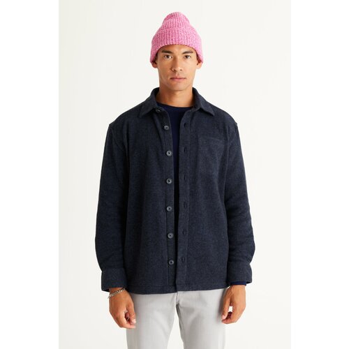 ALTINYILDIZ CLASSICS Men's Navy Blue Oversize Wide Cut Classic Collar Woolen Patchwork Patterned Flannel Winter Shirt Jacket Cene