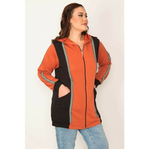 Şans Women's Large Size Orange Zipper and Hood Detailed Color Combination Sweatshirt Cene