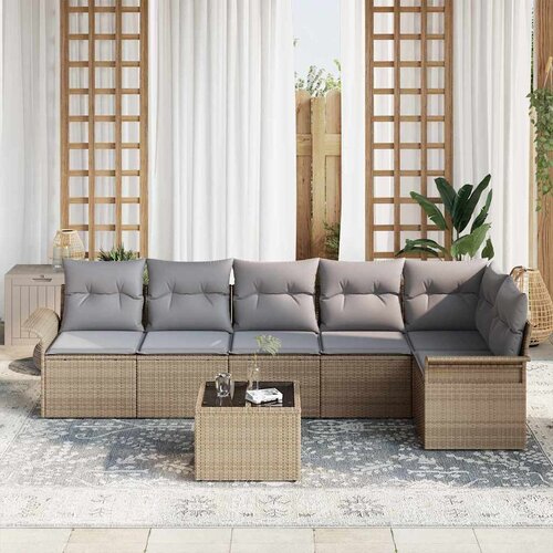  Sjedeća garnitura za vrt 7 kom. Bež poliratan 297,5 x 132,5 x 69 cm Slike
