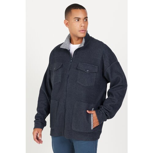 AC&Co / Altınyıldız Classics Men's Indigo Melange Oversize Wide Cut High Neck Cotton Patterned Sweatshirt Jacket Slike