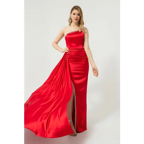 Lafaba Women's Red One-Shoulder Long Satin Evening Dress with Stones.