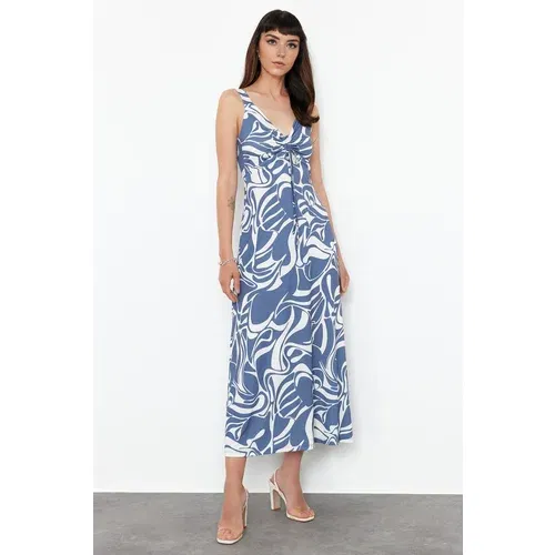 Trendyol Indigo Fitted Ruffle Detailed Sleeveless Flexible Knitted Midi Dress