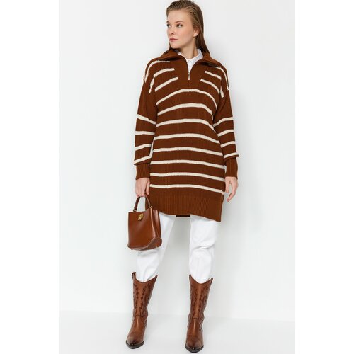 Trendyol Brown Striped Collar Zippered Knitwear Sweater Slike