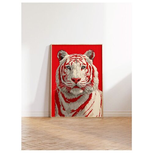 Wallxpert uramljena slika 115275, beli tigar na crvenoj pozadini, 30 x 40 cm, ram u boji prirodnog drveta Slike