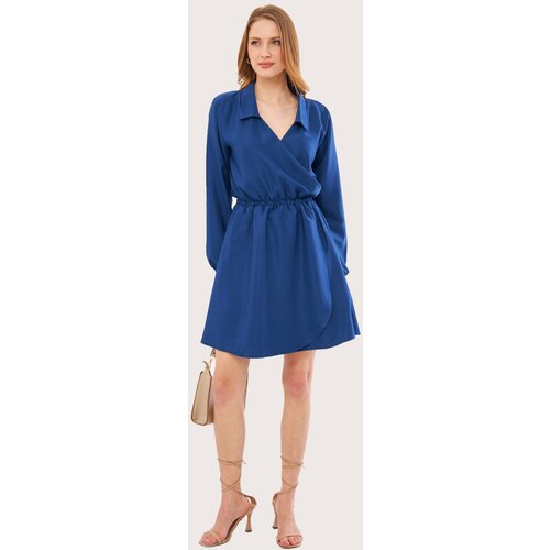 armonika Women's Saxe Blue Double Breasted Collar Elastic Shirt Collar Wrap Dress Slike