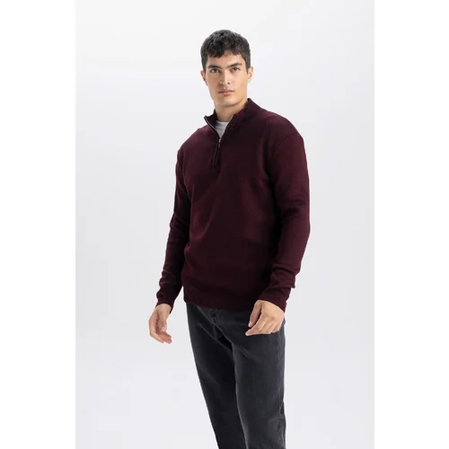 Defacto Men's Claret Red Standard Fit Regular Cut Bato Collar Zippered Ethnic Patterned Sweater