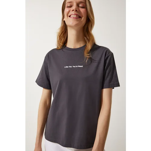  Women's Anthracite Printed Basic Knitted T-Shirt