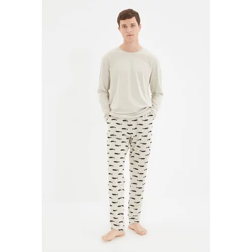 Trendyol Beige Men's Regular Fit Printed Knitted Pajamas Set