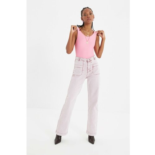 Trendyol Ružičaste detaljne traperice s džepom sa širokim nogama i visokim strukom 90 -ih Slike