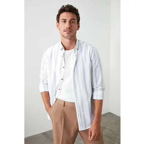 Trendyol White Men's Slim Fit Buttoned Collar Slim Striped Shirt