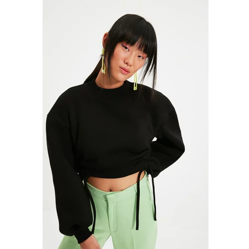 Trendyol Black Ruffle Detailed Crop Knit Raised Sweatshirt