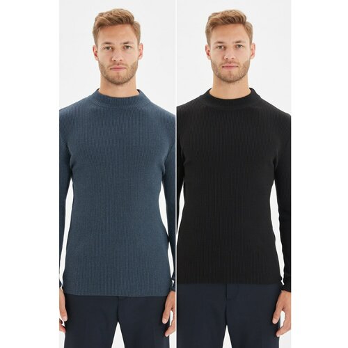 Trendyol Black-Indigo Men's Elastic Knit Slim Fit Half Turtleneck 2-Pack Sweater Slike