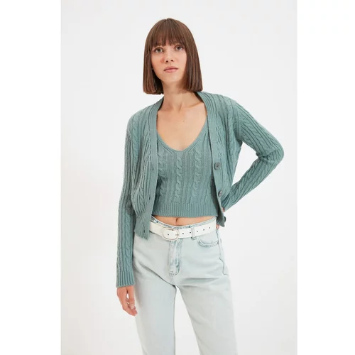 Trendyol Mint Knitted Detailed Blouse- Cardigan Knitwear Suit