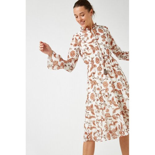 Koton Women&amp;#039;s Brown Mandarin Collar Tulip Patterned Dress Slike