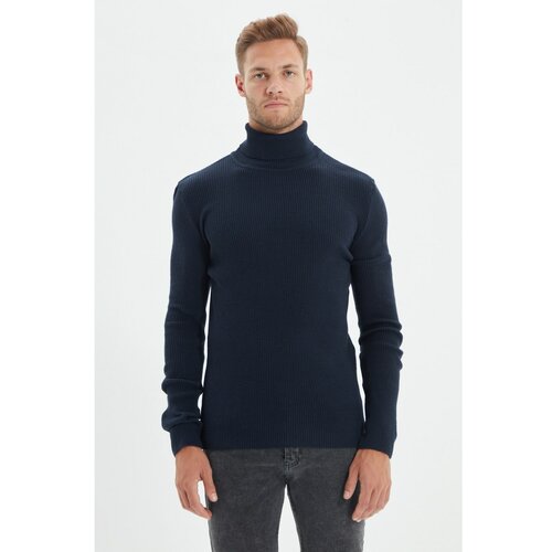 Trendyol Navy Blue Men's Slim Fit Turtleneck Corduroy Knitted Sweater Slike