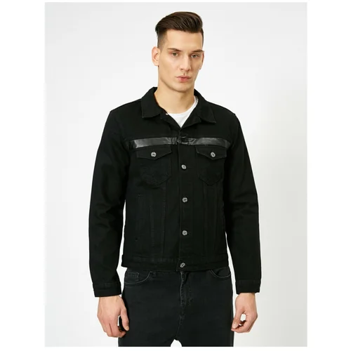 Koton Men's Black Buttoned Faux Leather Detailed Jean Jacket